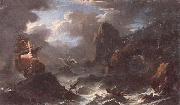 unknow artist A coastal landscape with shipping in a storm,figures shipwrecked in the foreground oil painting on canvas